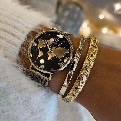 Alectrona – Goldene Armbanduhr mit Weltkarte