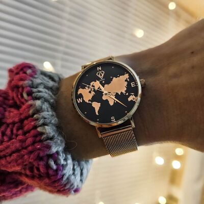 Armbanduhr „Asteria“ mit Weltkarte in Roségold