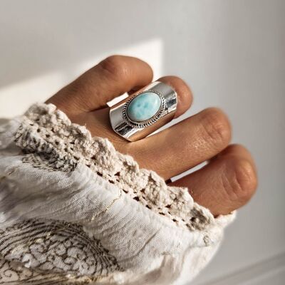 Cordelia Silver Boho Ring with Larimar Stone
