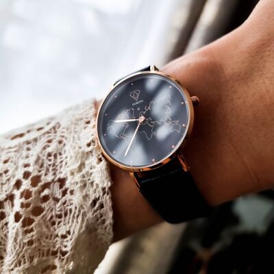 Mercury Rose Gold World Map Watch with Black Leather Strap