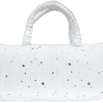WHITE COTTON CANVAS DUMFF BAG WITH SILVER GLITTER STAR