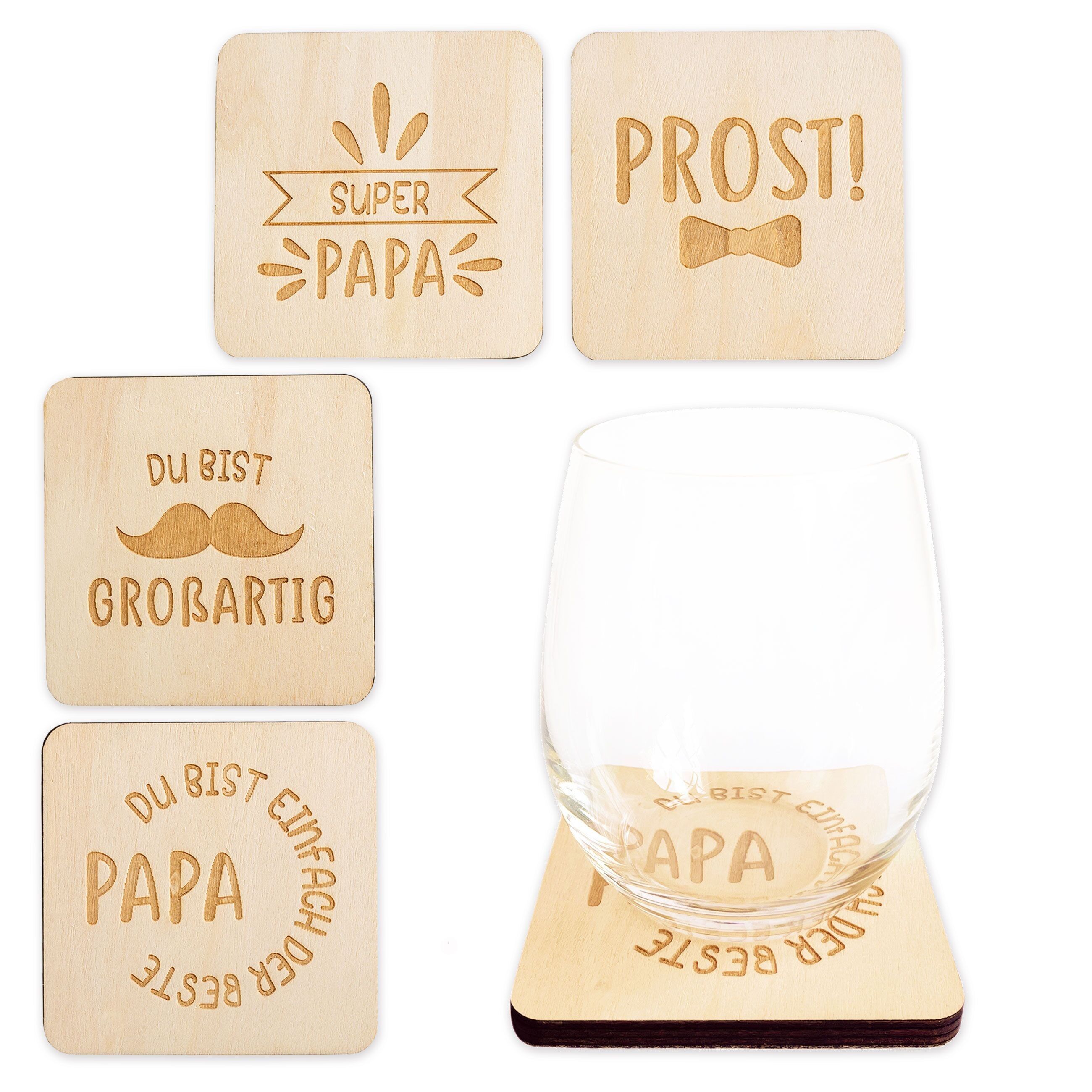 4 posavasos de cristal de madera - madera de álamo - con grabado Papa Set 01