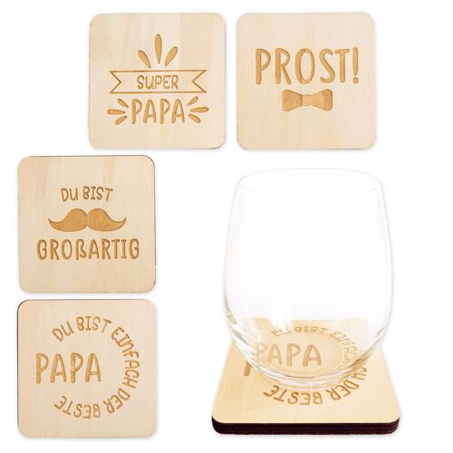 4 Glasuntersetzer aus Holz - Pappelholz - mit Gravur Papa Set 01