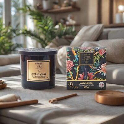 Candela in cera di soia naturale al 100% – Legno di sandalo ambrato – 400 g
