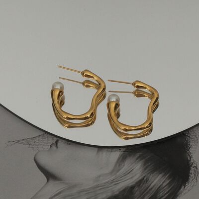 Boucle d'oreille créole ligne ondulée dorée Vintage moderne avec perle