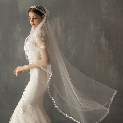 Elegant Hat Style Bridal Veil with Leaf Lace Lining - Iron Before Use