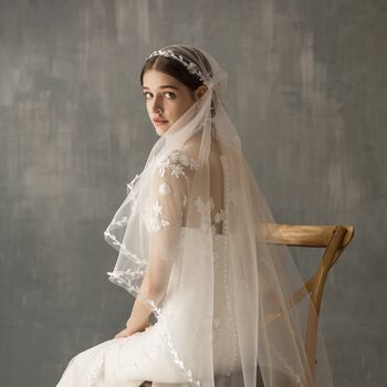 Voile de mariée élégant de style chapeau avec doublure en dentelle de feuilles - Repassage avant utilisation 2