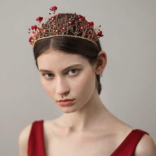 Gothic Red Floral Bridal Headband with Redstone Beads-Queenly Wedding n Party Accessory