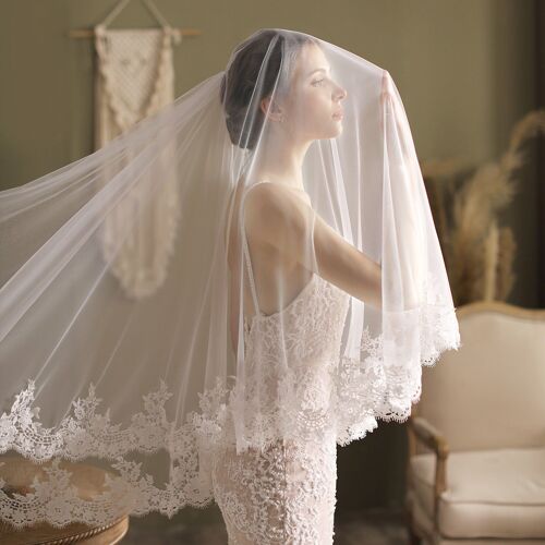 Mid-Length Double Tulle Bridal Veil - Lace Edging - Iron Before Use