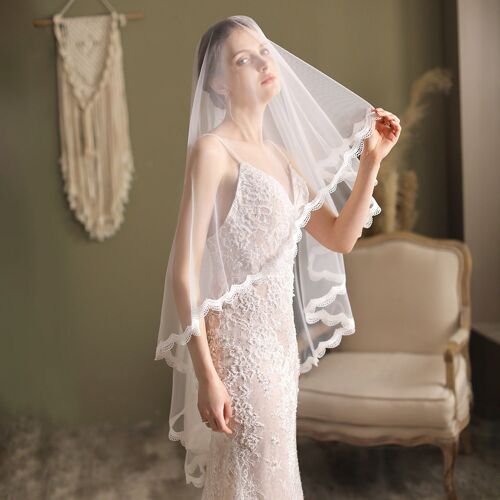 Vintage Style Mid-Length Double Tulle Bridal Veil - Lace Lining - Iron Before Use