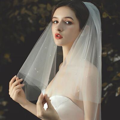 Romántico velo de novia de dos niveles con perlas-Marfil