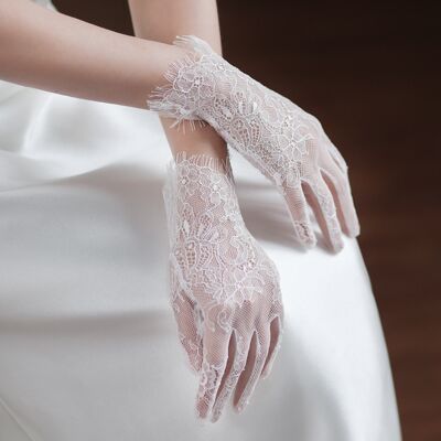 Delicate White Lace Net Bridal Gloves-For slim hands