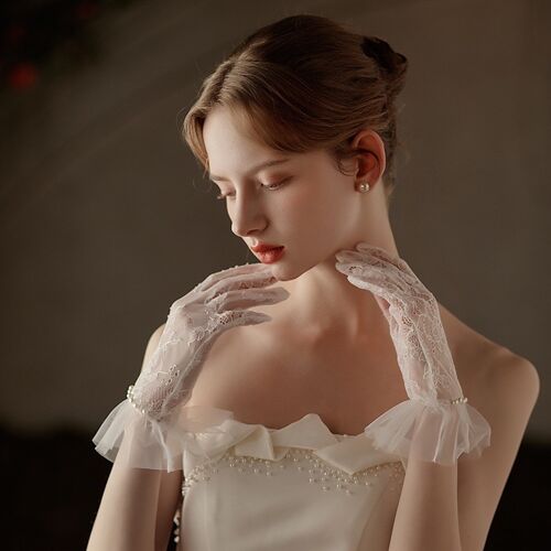 Elegant n Delicate lace bride gloves with Pearls-Ivory-For slim hands