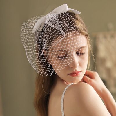 Elegant small bridal veil with satin bow tie and net cover-White