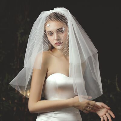 Elegant three-tire bride veil with face cover net-White