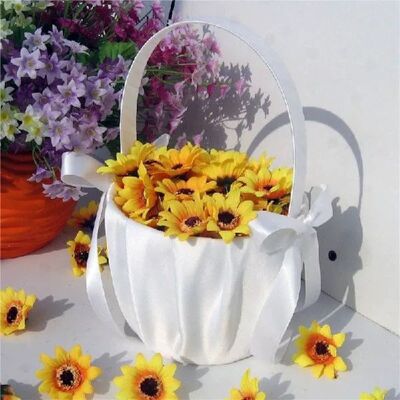 Elegant wedding flower basket for flower girl - satin white - butterfly tie