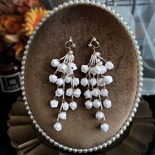 Handcrafted Lily of the Valley Muguet flower tassel bridal drop earrings-ear clips no piercing