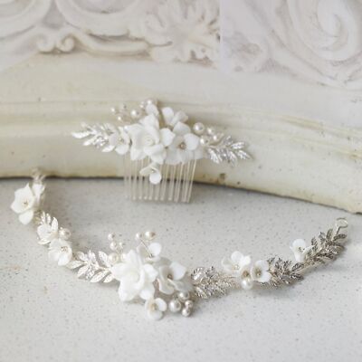 Forcina da sposa + fascia per capelli con fiori bianchi in ceramica fatta a mano con foglie d'argento