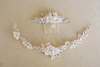 Épingle à cheveux + bandeau de mariée fleurs blanches en céramique faites à la main avec feuilles d'argent 8