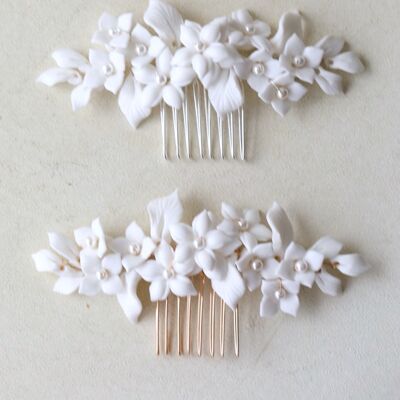 Handmade ceramic white flowers bridal large hairpin-Gold n Silver