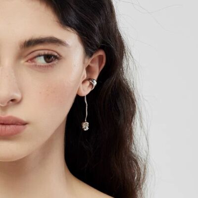 Manchette d'oreille longue rose romantique-argent-une pièce