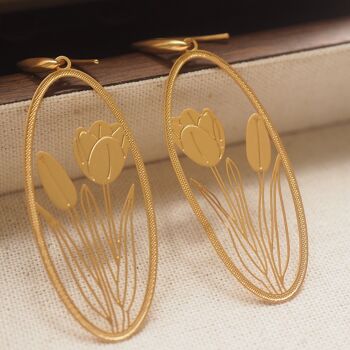 Boucles d'oreilles pendantes en forme de tulipe, Style filigrane Vintage, cadre creux, grandes boucles d'oreilles 1