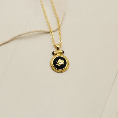 Vintage inspired detailed design Rose pendant necklace with black enamel-gold vermeil