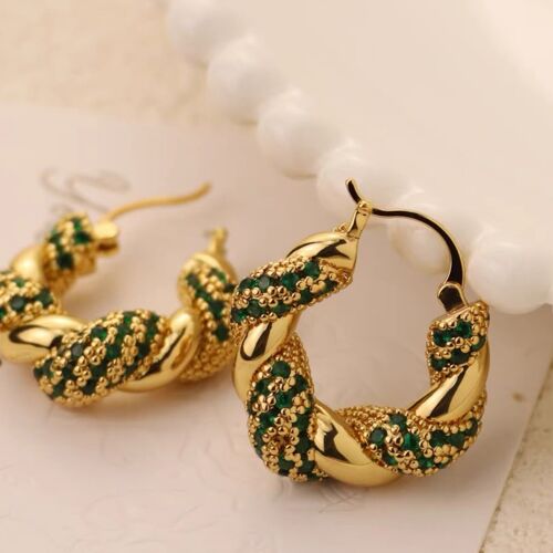 Vintage styled braided hoop earrings - green stones