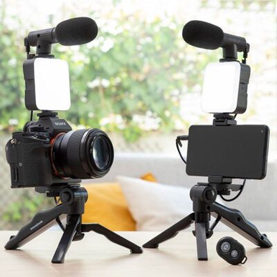 Kit per vlogging con lampada LED, microfono, treppiede e supporto per smartphone - PLODNI