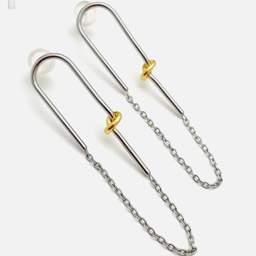 Silver Loop Earrings with a Golden Knot