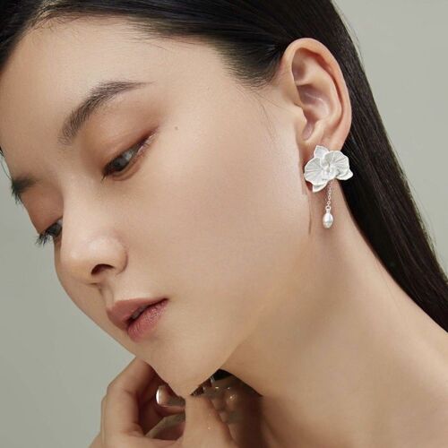 Silver Orchid Elegance: Blooming Orchid-Inspired Silver-Plated Drop Earrings