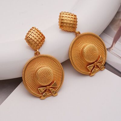 Vintage Soul Straw Hat Drop Earrings: Gold-Plated with Butterfly Tie Detail
