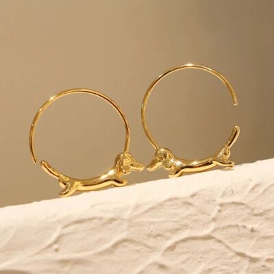 Flying Dachshund Dog Hoop Earrings-18K gold filled