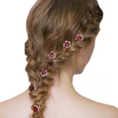 Ensemble d'épingles à cheveux de mariée romantique rose rouge-un ensemble de 8