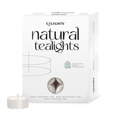 C-lights Natürliche Teelichter | NEUES PACK | 40 Stück | Vegan | 100 % pflanzliches Wachs und Docht aus Öko-Baumwolle