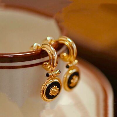 Vintage inspired detailed design Rose pendant earrings with black enamel-gold vermeil