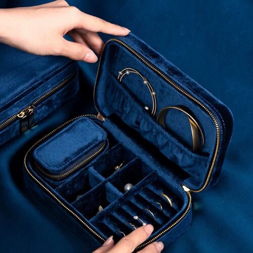 Vintage inspired velvet travel jewelry box-Sapphire blue-duel boxes