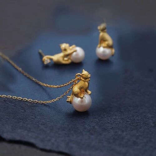 Cute Asymmetrical Cat Ear Stud & Necklace with Pearl
