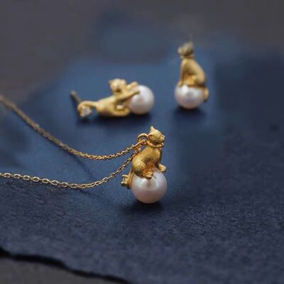 Cute Asymmetrical Cat Ear Stud & Necklace with Pearl