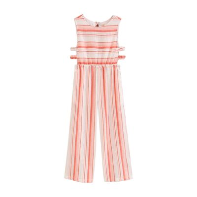 Long girl's jumpsuit with stripes in coral tones K38-29411025