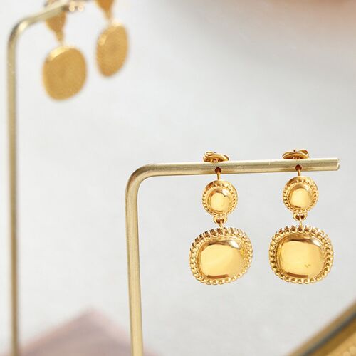 Modern Vintage Unique Button Drop Earrings-Gold n Silver