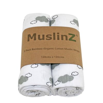 MuslinZ 2PK Luxus Wickeldecke aus Bambus/Bio-Baumwolle Grau Nebelwolke
