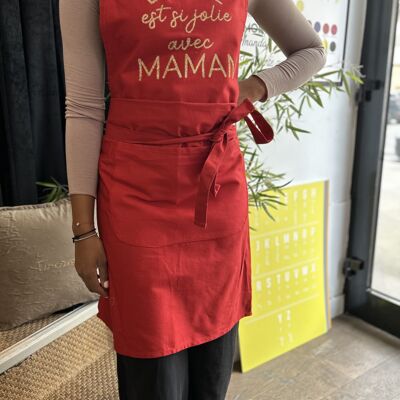 XL red apron "Life is so pretty at Mom's" - Mother's Day