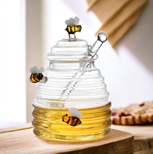 Glass Honey Jars with Lids and Honey Stick | Honey Pot