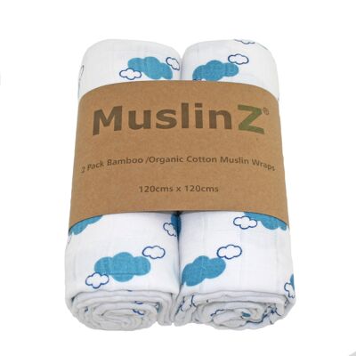 MuslinZ 2PK Luxury Bamboo/Organic Cotton Swaddle Blanket Blue Lagoon Cloud