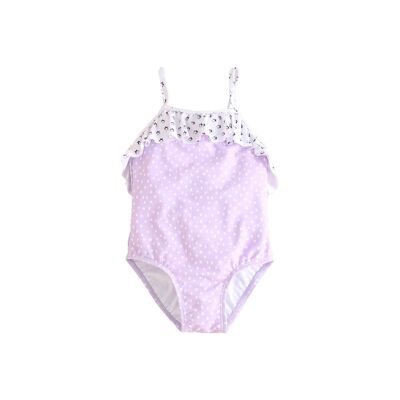Mauve girl's swimsuit with white polka dots K03-23401031