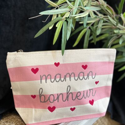 Rosa gestreifte Kulturtasche „Mama Glück“ – Muttertag