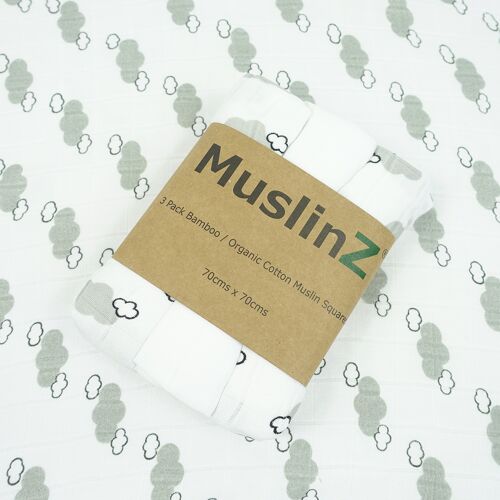 MuslinZ 3pk Bamboo/Organic Cotton Muslin Squares Grey Mist Cloud Print