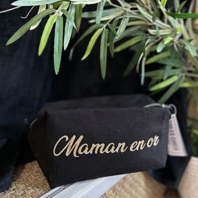 Trousse de toilette cube noir " Maman en or"