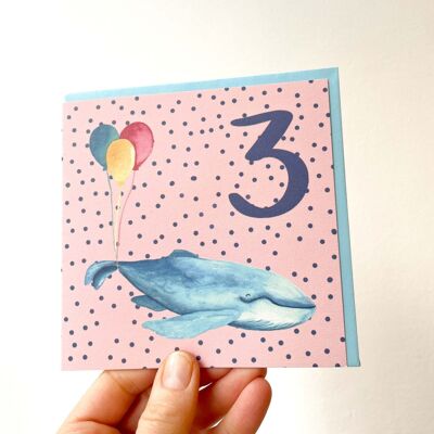 Tarjeta de tercer cumpleaños de ballena